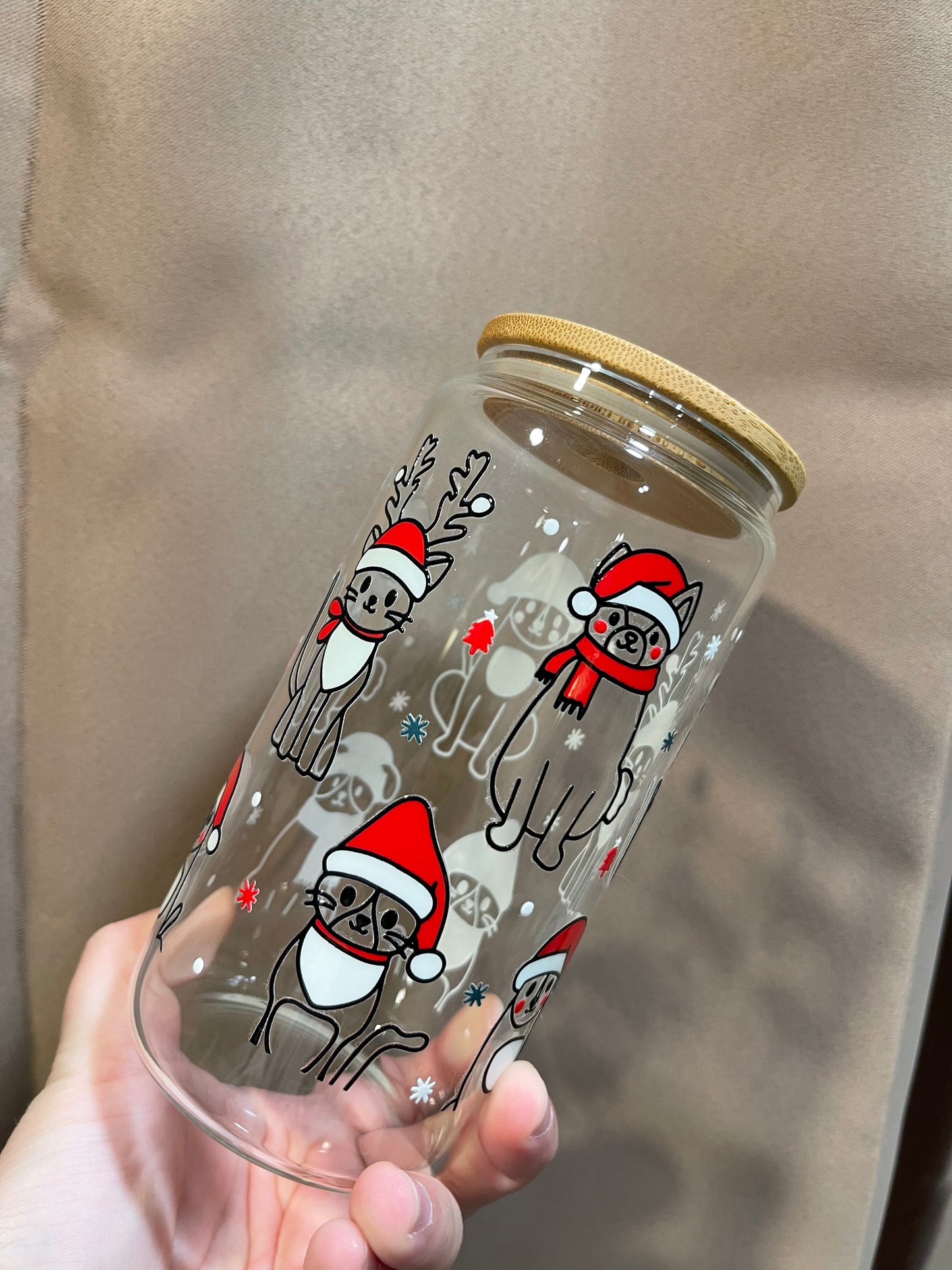 Meowy Barkmas 16oz Glass Beer Can Cup