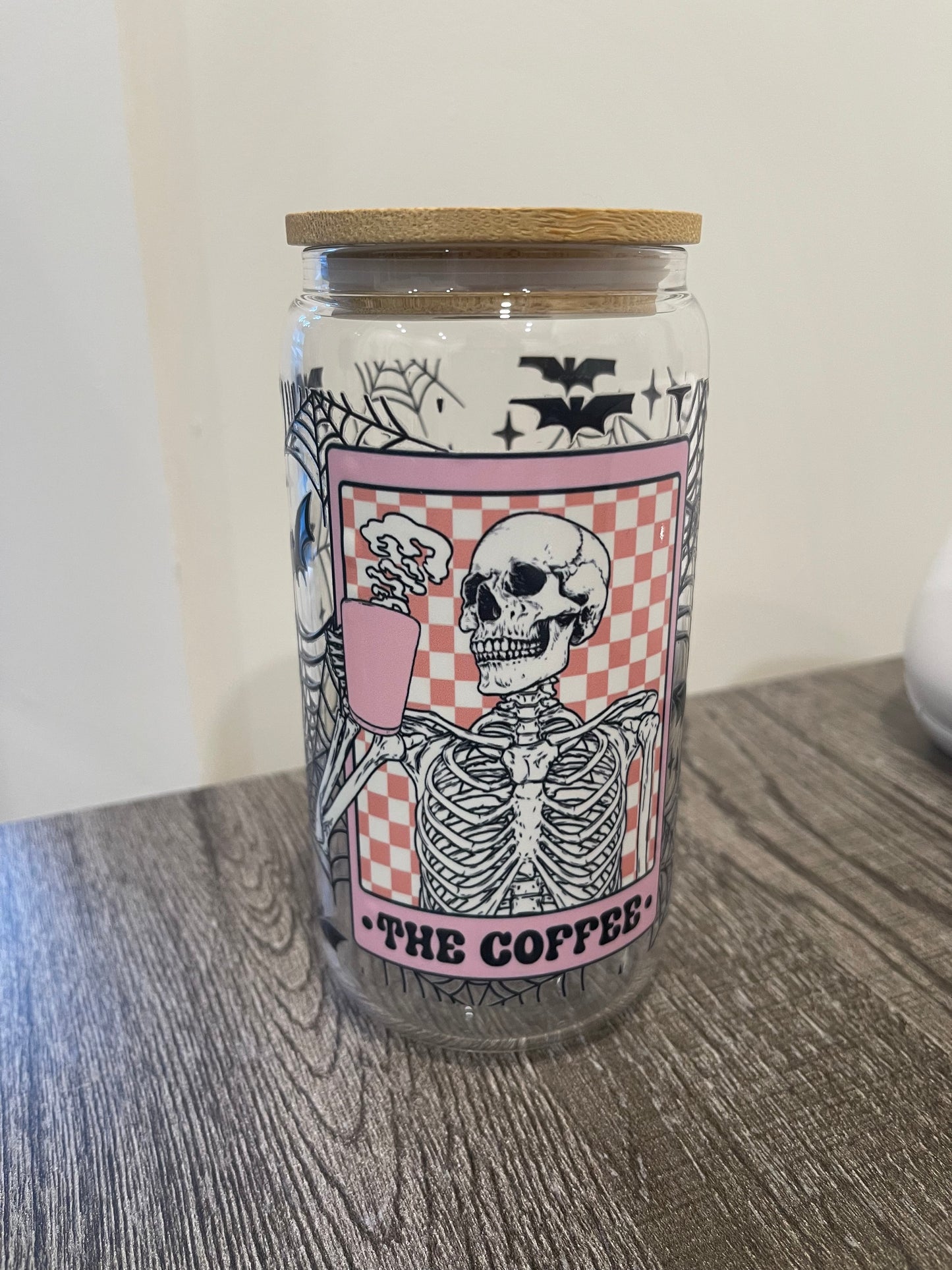 Skeleton Coffee 16oz. Beer Can Glass with Straw and Lid