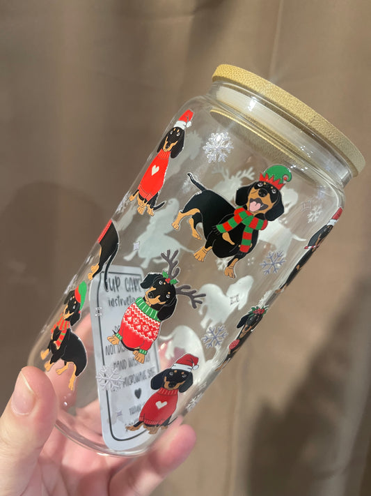 Christmas Dachshunds 16oz Beer Can Glass Cup