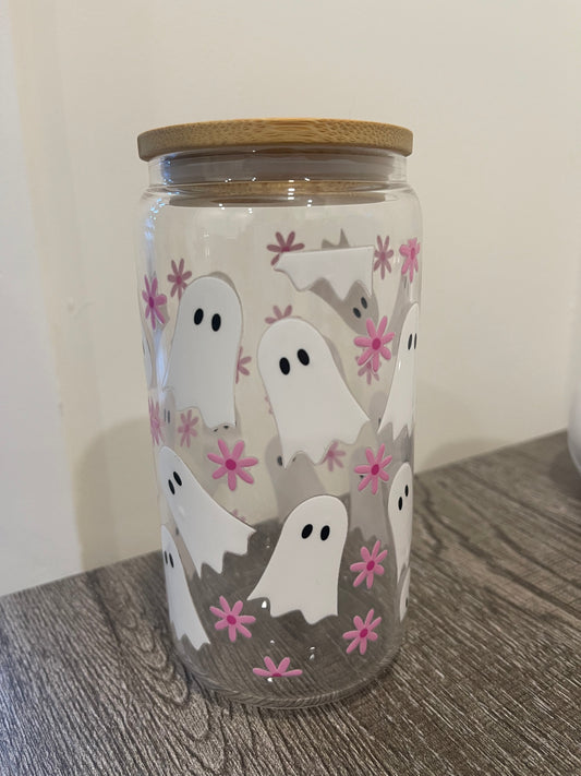 Cute Ghosts 16oz Beer Can Glass Cup with Straw and Lid