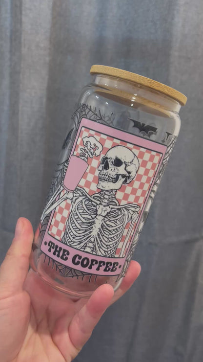 Skeleton Coffee 16oz. Beer Can Glass with Straw and Lid